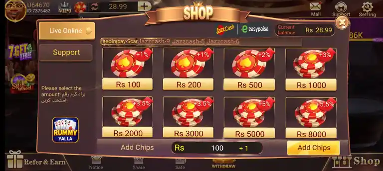 Yalla Rummy shop with JazzCash and EasyPaisa
