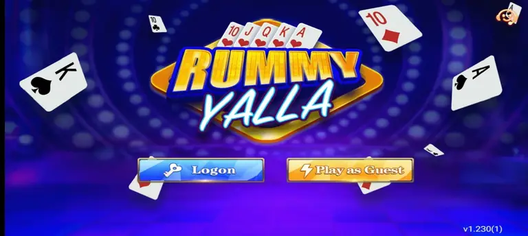 Yalla Rummy app interface with login and guest-play options